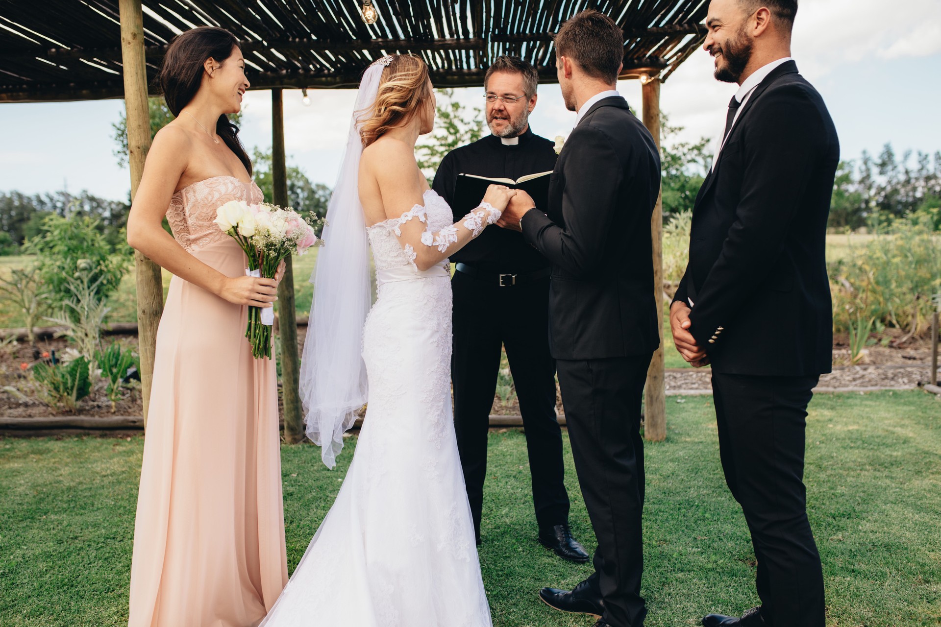 Outdoor wedding ceremony of beautiful couple